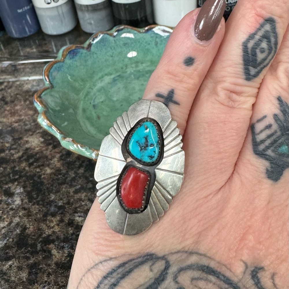 Bisbee turquoise and coral shadow box sterling ring